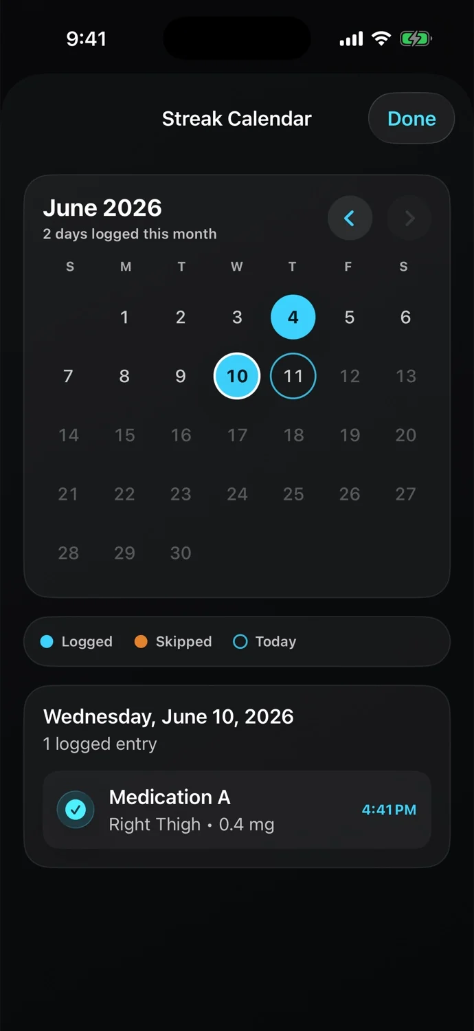 Streak calendar for June with logged days marked