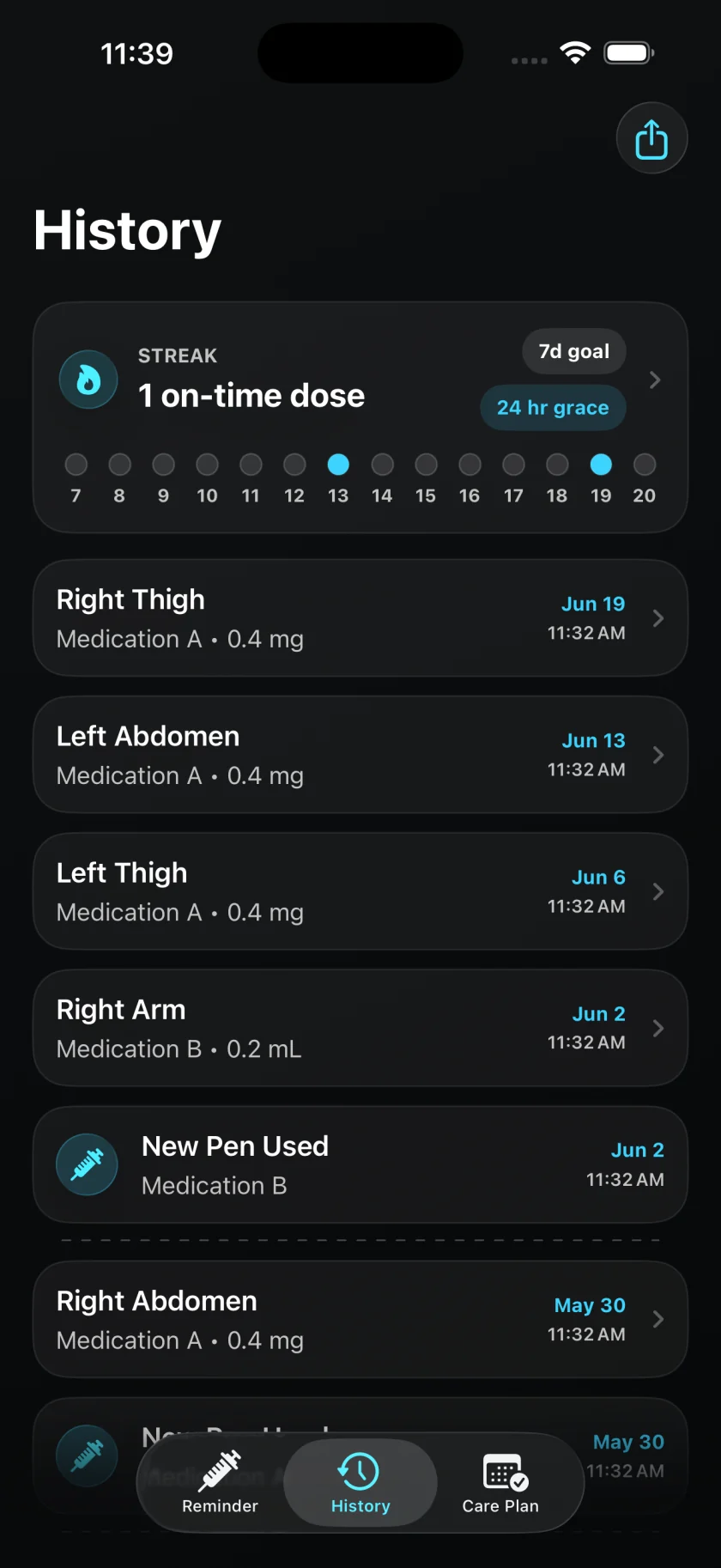 History list of past injections with site, medication, dose and date