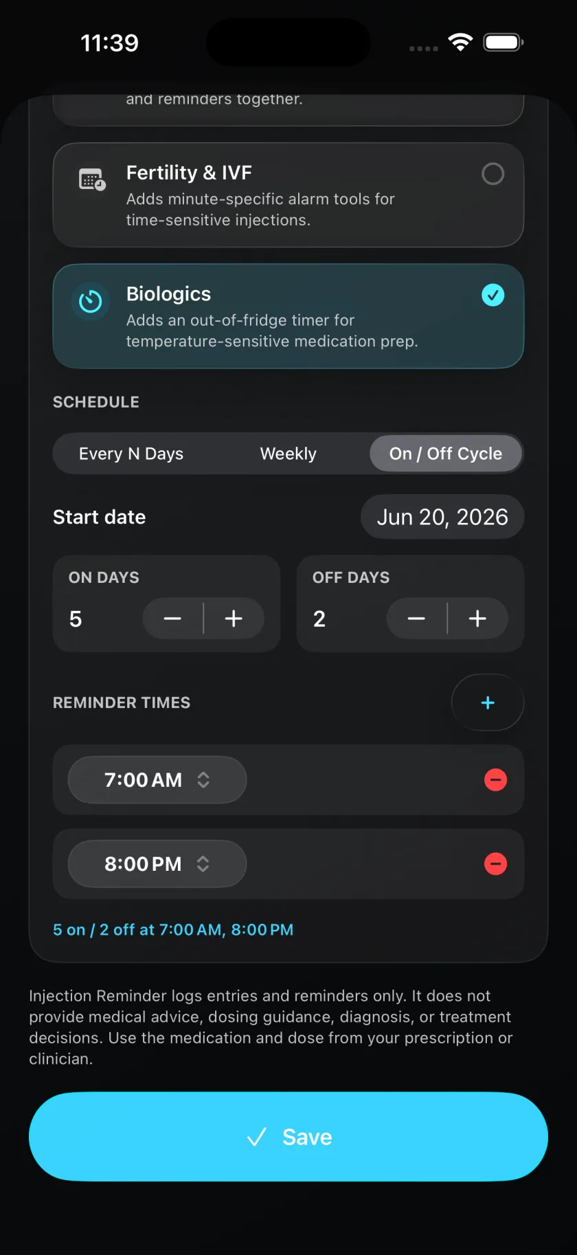 Schedule editor set to five days on and two days off, with reminders at 7:00 AM and 8:00 PM